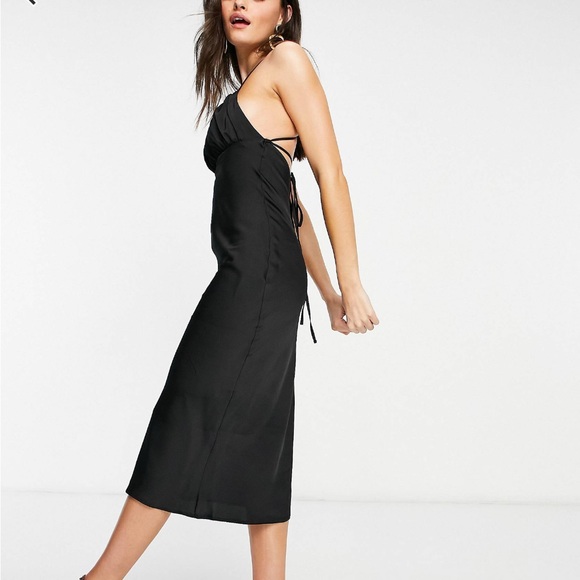 Black slip dress with ruched breast and tie back - Picture 3 of 4